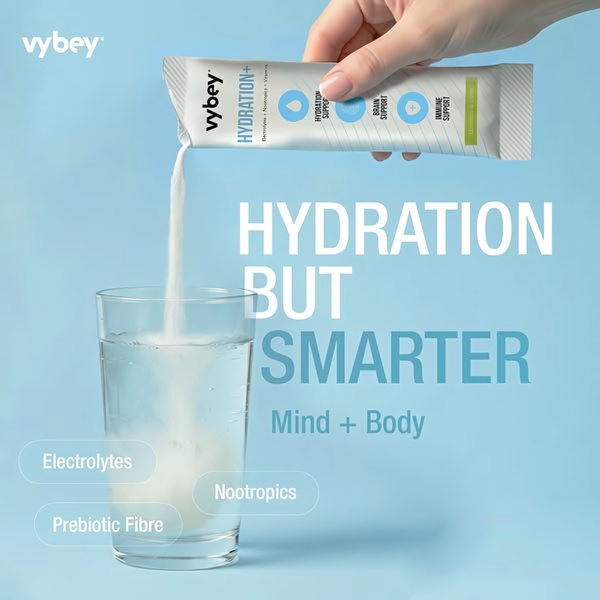 This ad creative features a clear instructional visual of a hydration supplement powder being poured into a glass of water, highlighting key benefits for mind and body.